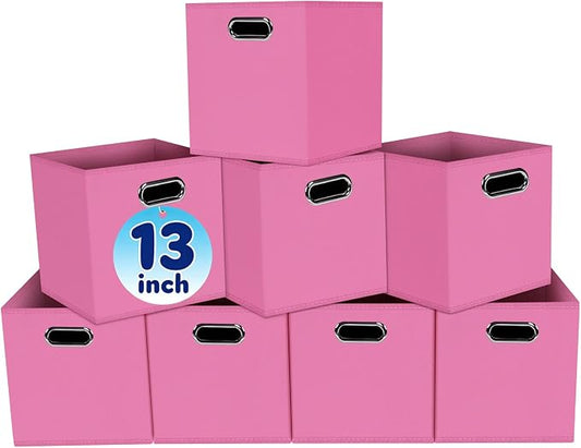 Fabric Cubby Storage Bins,13x13x13 Inches,Cube Organizer Bin Foldable Storage Boxes with Dual Handles Fabric Organizer Box and collapsible Storage basket,Set of 8,Pink by Yunkeeper