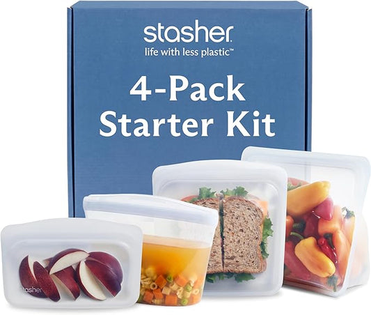 Stasher Premium Reusable Silicone Storage Bags, 4-Pack Starter Kit, Clear | Food-Safe Silicone, Eco-Friendly, Reusable Freezer Bags, Microwave, Dishwasher, Snack Bags, Lunch Containers, Meal Prep by Stasher