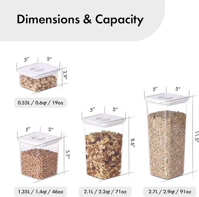 Neoflam Smart Seal 8pc Patent Airtight Kitchen Pantry Canister/Organizer Clear Plastic Container & Simple Twist Lids, 100% Leak Proof, Dishwasher Safe, BPA Free, Cereal, Dry Food Storage Set, White - Image 2