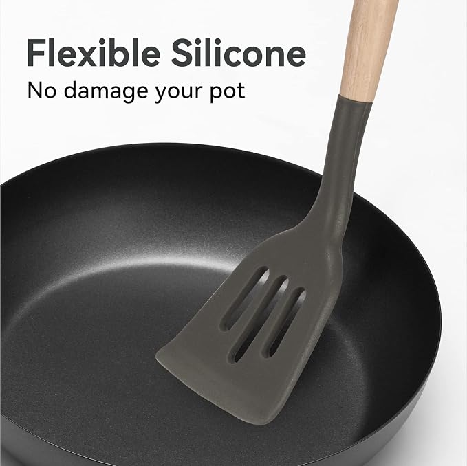 Non-Stick Silicone Cooking Utensils Set, 5 Pcs with Wooden Handle, Heat Resistant Silicone Kitchen Gadgets (Gray) - Image 4