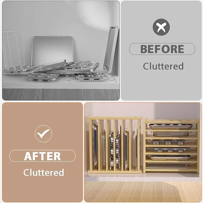 7 Tier Wooden Tray Dividers for Cabinets | Baking Cookie Sheet Organizer, Vertical/Horizontal Cabinet Dividers for Pots, Cutting Board, Kitchen Organizers and Storage - Image 4