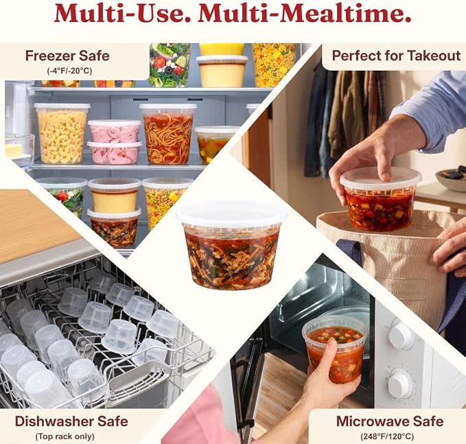 16oz Deli Containers with Lids (48 Sets) Plastic Pint Containers With Lids, BPA Free Microwave Safe Leakproof Stackable Freezer Containers With Lids for Overnight Oat, Food Storage - Image 3