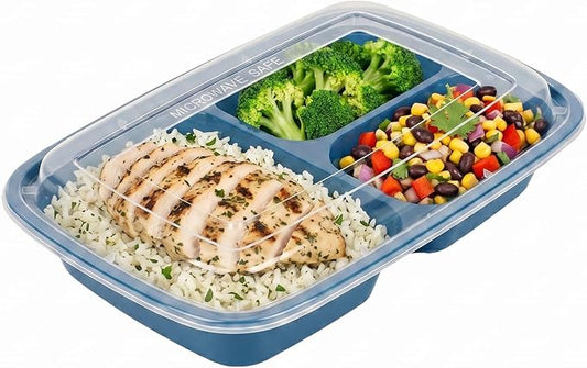 Asporto 26 Ounce Compartment Take Out Boxes, 100 Microwavable Meal Prep Containers - 3 Compartments, With Clear Plastic Lids, Midnight Blue Plastic Food Containers, Do Not Contain BPA - Restaurantware by Restaurantware