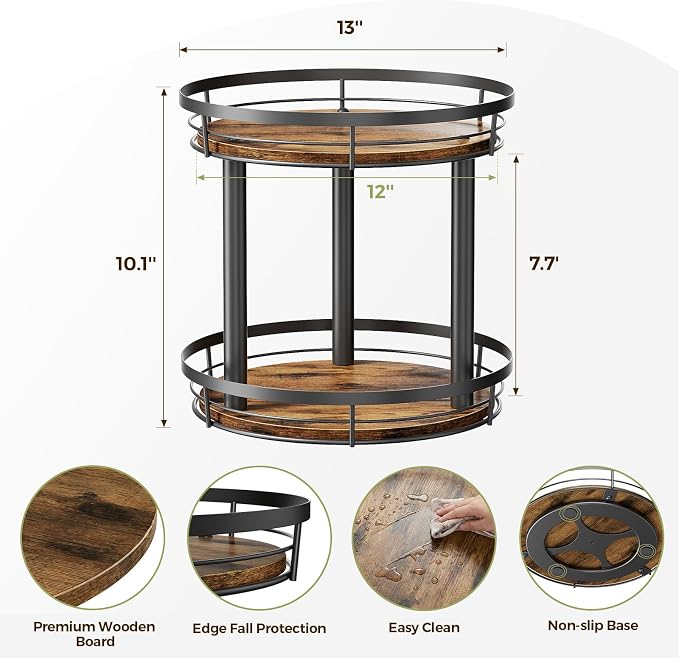 LAMU 12'' Wood Lazy Susan Spice Rack Organizer, 2 Tier Spice Organization for Cabinet, Countertop, Kitchen, Table Top, Pantry, Condiment and Seasoning Rack Organizer - Image 2