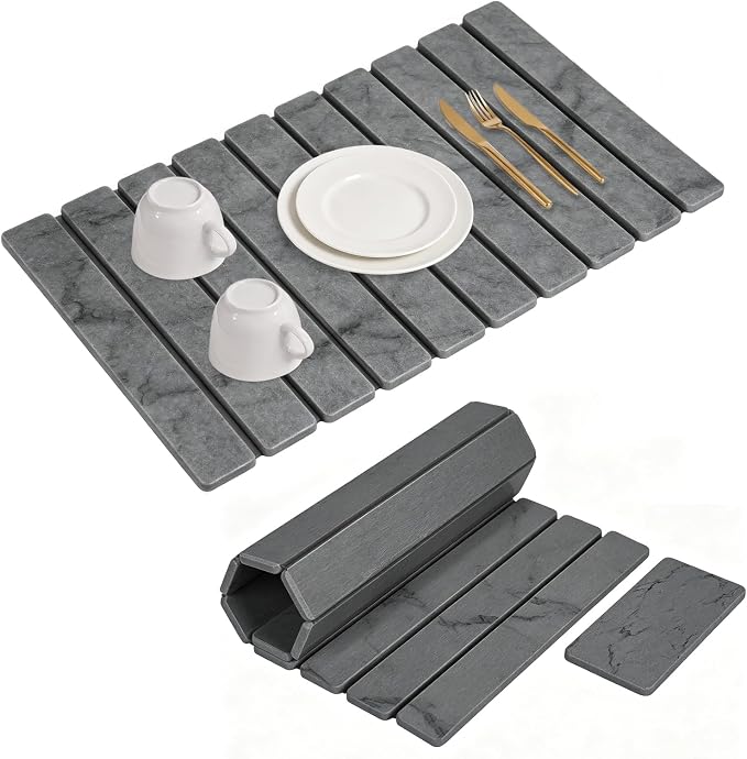 Large Stone Dish Drying Mat for Kitchen Counter, 24"×16" Foldable Quick Drying Mat, Absorbent Diatomaceous Earth Drying Mat for Bottles Cups Dishes, Match Any Countertop (Dark Gray Marble, 24" x 16") by Sunsturm