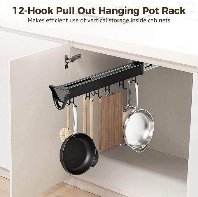 Homaisson Pull Out Hanging Pot Rack, 12-Hook Extendable Sliding Rail Organizer, Metal Pull Out Pan Rack for Under Cabinet, Adjustable Pot Pan Organizer, Multi-Use for Cupboard Closet - Image 2