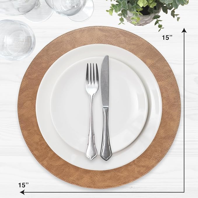 Placemats Set of 6 – Round 15” Faux Leather Table Mats for Dining, Heat Resistant & Non-Slip Washable Table Decor, Indoor, Outdoor, Dining Table Set for 6, Modern Kitchen & Holiday Use, Camel - Image 3