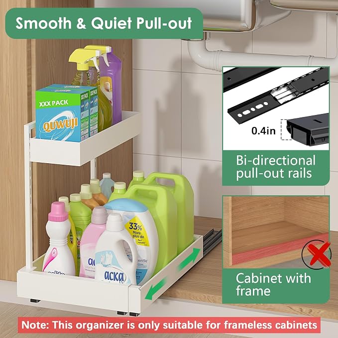 L-Shaped Under Sink Organizer with 6-Level Height Adjustment | Expandable Width, Pull-Out Cabinet Storage Rack with Quiet Sliding Rails for Kitchen, Bathroom, Laundry Room Cabinets, White - Image 3