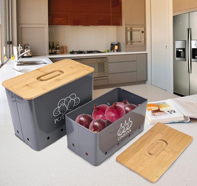 Potato and Onion Storage Bin Set of 2, Vented Metal Vegetable Storage with Wooden Lids, Farmhouse Kitchen Canisters for Countertop Pantry Organizer, Potato Bin Onion Holder for Produce Storage, Grey - Image 6