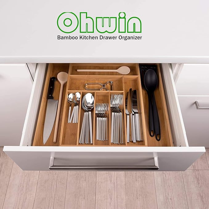 Bamboo Kitchen Drawer Organizer - Expandable Silverware Organizer/Utensil Holder and Cutlery Tray with Grooved Drawer Dividers for Flatware and Kitchen Utensils (9 Slots) - Image 6