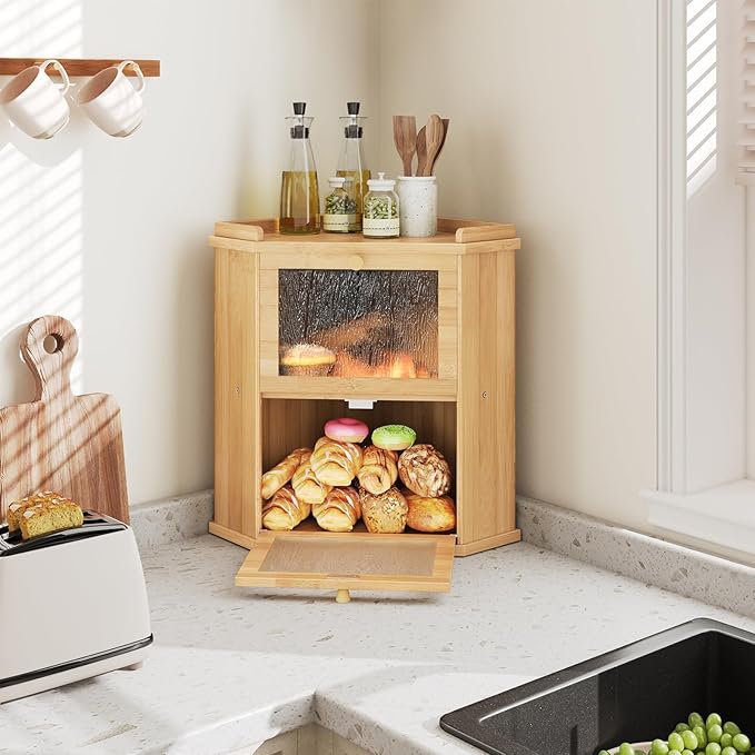 HOOBRO Bread Box, Corner Bread Box for Kitchen Countertop, 2-Tier Bamboo Bread Box, Food Storage Box, Bread Storage Container with Shelf, Bread Bin for Kitchen, Dining Room, Natural YL19MB01 - Image 2