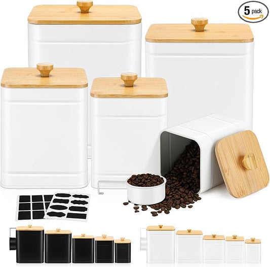 5 Pcs White Kitchen Canisters for Countertop with Labels Airtight Metal Containers Coffee Tea Sugar Flour Jars with Spoon Farmhouse Big Food Storage Set for Kitchen by Buryeah