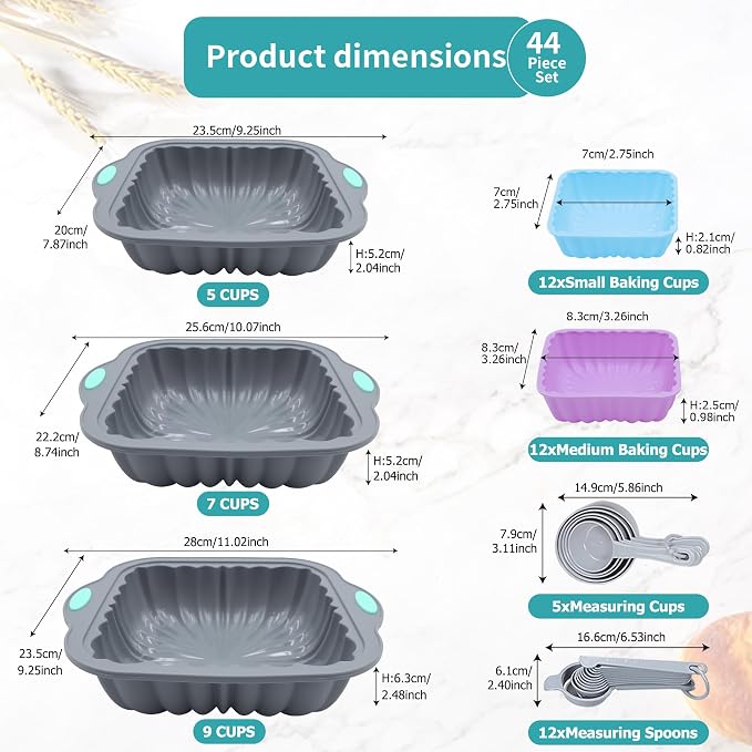 44 Pieces Silicone Square Cake Pans Set, 3 Sizes Silicone Fluted Cake Pan with Reusable Baking Cups, Food Grade Baking Molds for Brownie, Bread, Muffin, Light Grey - Image 6