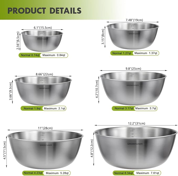 Greentainer Stainless Steel Mixing Bowls Set of 6, Nesting Bowls with Measurement Markings, 7.6 to 0.8 Qt for Baking, Prepping, Cooking and Serving Food, Large Metal Kitchen Bowls Dishwasher Safe - Image 2