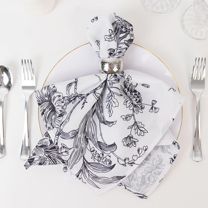 Efavormart Premium 5 Pack Polyester Dinner Napkins 20"x20" White with Black French Toile Pattern - Chic Floral Cloth Napkins - Image 3