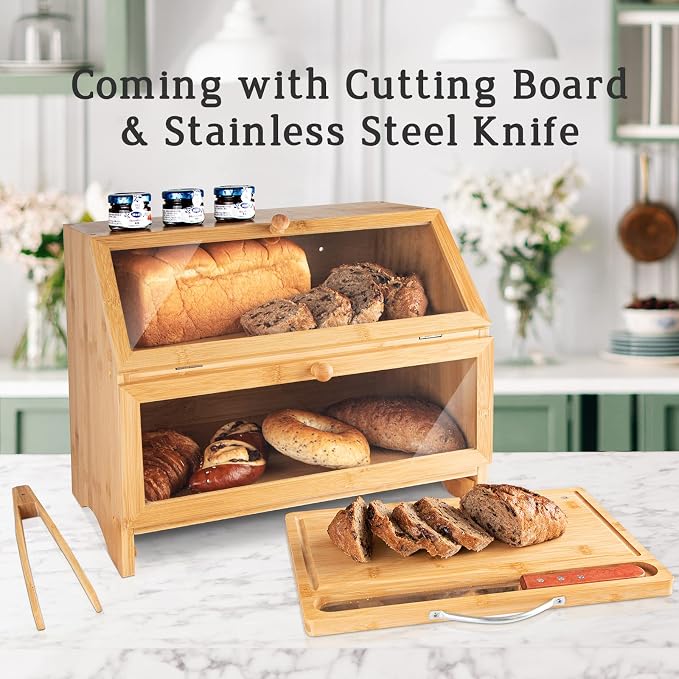 MAISONPEX Double Layer Bamboo Bread Box for Kitchen Countertop, Cutting Board, and Stainless Steel Bread Knife, Large Capacity Storage Container with Clear Windows (Self-Assembly) - Image 4