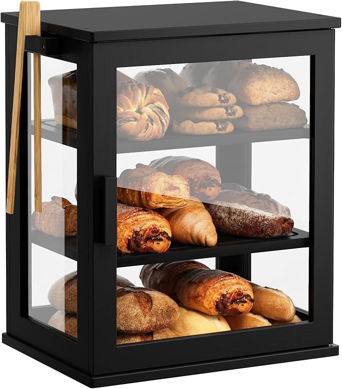 WOWLIVE Bread Box for Kitchen Countertop, 3 Layers Bread Storage Container | Large Bamboo Bread Bin for Homemade Bread with Window, Farmhouse Breadbox Organizer for Kitchen, Cabinet, Black, Meduim by WOWLIVE