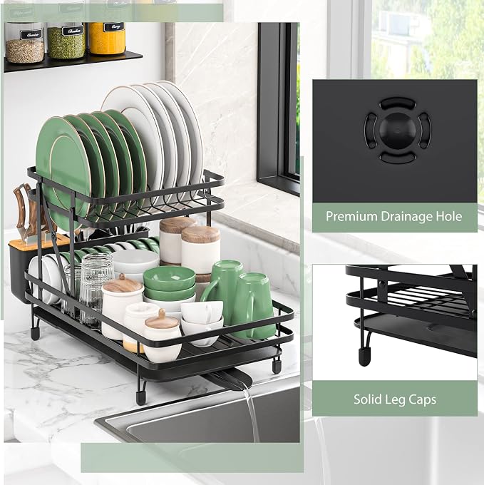 GOFLAME Dish Drying Rack with Drainboard, Collapsible 2-Tier Dish Rack and Drainboard Set with Removable Drip Tray, 360° Swivel Spout, Utensil Holder, Large Capacity Dish Drainer for Kitchen Counter - Image 7