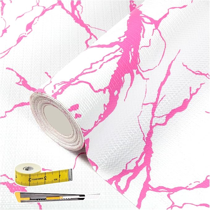 Pink Marble Pattern Shelf Liner, Non-Adhesive Non-Slip Thickened | Drawer Liner, Easy to Clean for Kitchen Cabinets, Tool Box, Refrigerator, Includes Knife & Tape Measure.12×236.2in by Kimhan