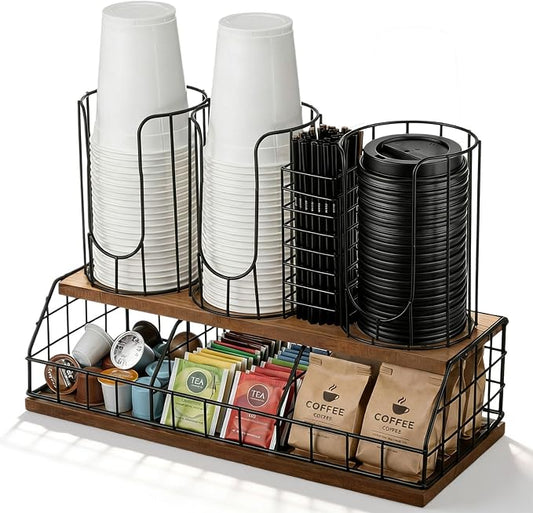 18oz Adjustable Coffee Cup Dispenser with Wooden Base, Cup and Lid Holder, Cups Holder Organizer for Coffee Pod Straw and Lid Storage(4-compartment Double,Color 1) by Geelin