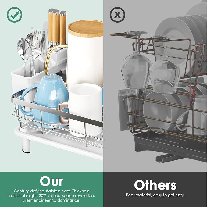 MOUKABAL Stainless Steel Dish Drying Rack for Kitchen Counter, White Silver | 13×17 Large Capacity/Drainboard with Rotating Spout/Removable Cup & Utensil Holders/Fast Drainage/Countertop Dish Drainer - Image 5