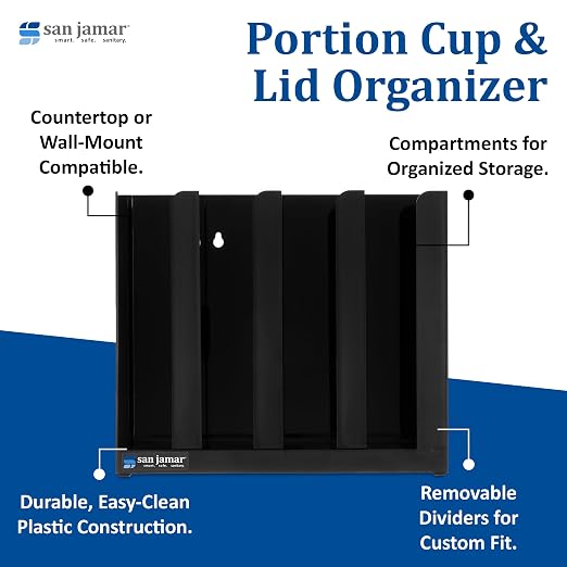 San Jamar Portion Cup and Lid Organizer Fits 2" Cups and Lids with Removable Dividers for Kitchen, Restaurant, and Fast Food, Plastic, 10 x 11.5 x 3.25 Inches, Black - Image 3