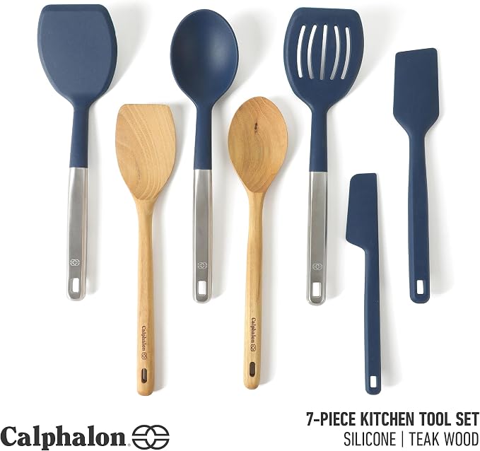 Calphalon Prime 7-Piece Silicone and Teak Wood Kitchen Tool Set, Stainless Steel Kitchen Utensil Set, Kitchen Spoon And Spatula Set, Heat Resistant Non-Slip Kitchen Gadgets Set - Navy Blue - Image 2