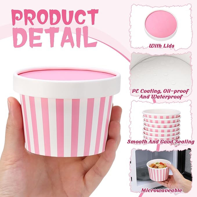 Fulmoon 100 Pack Paper Soup Containers with Lids Disposable Paper Food Containers with Vented Lid Kraft Ice Cream Cake Dessert Cups Soup Bowl for Party Hot Food Fruit Microwave(8 oz,Pink) - Image 2