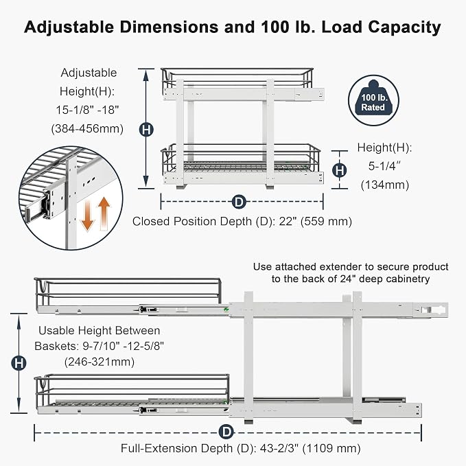 2 Tier Pull Out Cabinet Organizer - 8" W x 22" D Soft Close Slide Out Shelves with Shelf Liners - Pullout Drawers for Kitchen Cabinets, Pantry, Bathroom, Heavy Duty Steel Wire Baskets - Image 3