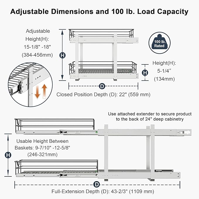 2 Tier Pull Out Cabinet Organizer - 20" W x 22" D Soft Close Slide Out Shelves with Shelf Liners - Pullout Drawers for Kitchen Cabinets, Pantry, Bathroom, Heavy Duty Steel Wire Baskets - Image 3