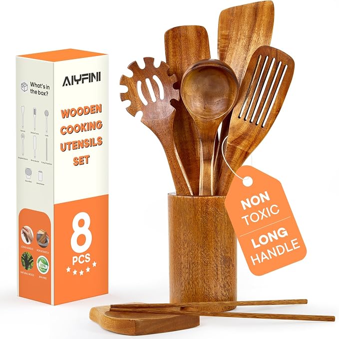 Non-Toxic Wooden Kitchen Utensils Set, 15.4" Long Handle Wood Spatula for Cooking, Egg Flipper Fish Turner Spatula for Non Stick Frying Pan, with Chopsticks, Soup Ladle, Pasta Spoon, Holder, Rest by ALYFINI