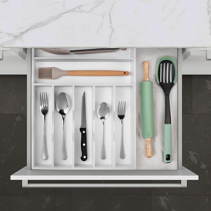 Kitchen Bamboo Silverware Organizer, Kitchen Drawer Organizer - Utensil Holder and Cutlery Tray with Grooved Drawer Dividers for Flatware 7 Slot, White - Image 8