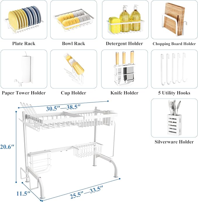 Over The Sink Dish Drying Rack, Adjustable (25.5 to 36.5 inch) 2 Tier Metal Steel Dish Drying Racks for Kitchen Counter with Hooks Paper Towel Utensil Cup Holder Sink Caddy (White) | All-in-One Large Capacity, Snap-On Design for Flexible Use, Strong Me... - Image 6
