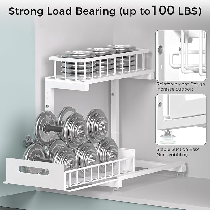2-Pack L-Shaped Under Sink Organizer, 2-Tier Pull-out Cabinet Rack | White Height-Adjustable Metal Rack, Sliding Grid Drawers with Safety Stopper, Holds 100 Lbs, Ideal Kitchen Cabinet Storage - Image 5