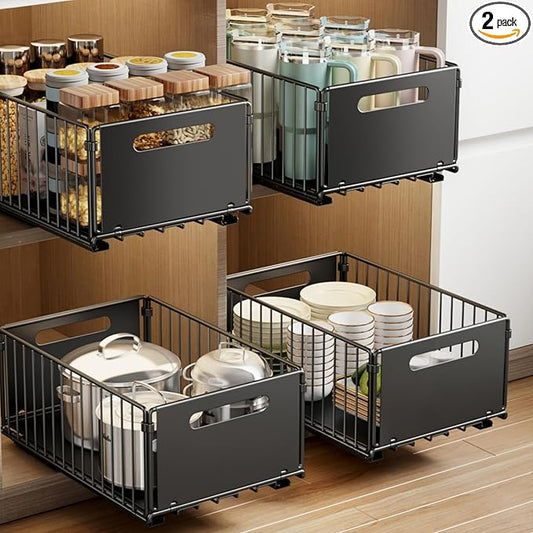 Mustorn 2 Pack Pull Out Cabinet Organizer, Slide Out Drawers for Cabinets, Peel and Stick, Heavy Duty Shelves for Kitchen, Cupboard, Pantry, Bathroom (14.76" D*9.65" W*7.87" H-Black) by MUSTORN
