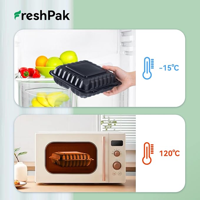 55-Pack 34oz 8x8 Black To Go Boxes - Shrink Wrapped Ready To Use | 3-Compartment MFPP Clamshell Container | Heavy Duty BPA Free, Microwave Safe | Takeout Box for Meal Prep, Leftover & Party - Image 3