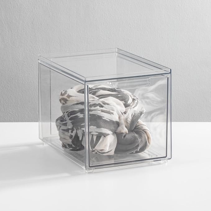 mDesign Plastic Closet Organizer Bin w/Pull Out Drawer - Slim Stackable Storage for Closet - Organization for Accessories, Bags, Totes, Small Linens, and More - Lumiere Collection - 2 Pack - Clear - Image 2