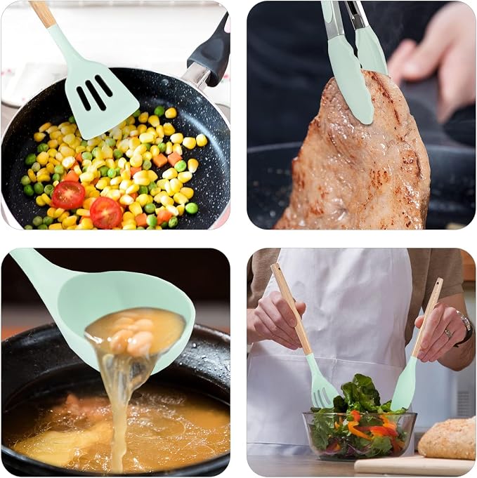 Kitchen Utensils Set, 5 Pcs Non-Stick Silicone Kitchen Cooking Utensils with Wooden Handle, Kitchen Spatula Cookware Utensils Set, Heat Resistant Silicone Kitchen Gadgets (Light Green) - Image 5