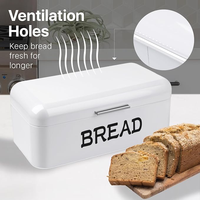 Flexzion Large Vintage Metal Bread Box for Kitchen Countertop, White | Bread Bin Storage Set Includes a White Butter Dish and Stainless Steel Butter Knife - Image 3