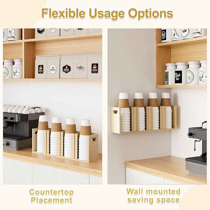 Wood Cup Lid Organizer 4 Compartments with Adjustable Dividers for Counter Wall Mount Disposable Cup and Lid Storage Kitchen Restaurants Fast Food Coffee Shop Supplies (20”W x 7”H x 4.7”D) - Image 6