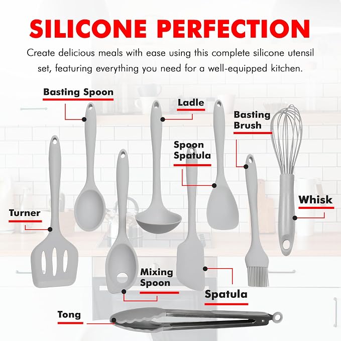 Chef Craft - Premium Silicone Kitchen Tools and Utensils Set, Non-Scratch, Withstands Temperatures up to 450°F, BPA-Free, 9 Piece Cooking Utensils Set, Gray - Image 4