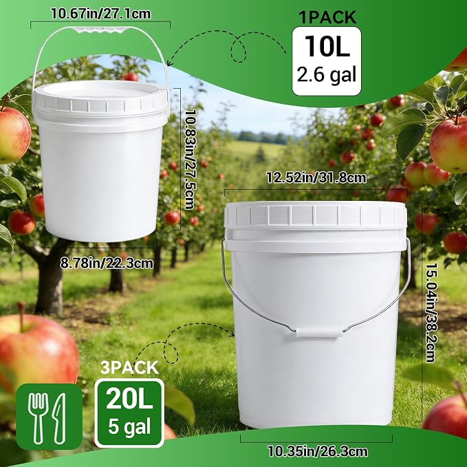 3 Pack 5 Gallon White Plastic Buckets with Lid & Metal Handle, 1 Pack 2.6 Gal Small Plastic Bucket with Spiral Lid & Handle Food Grade Storage Containers for Water, Cleaning, Halloween - Image 2
