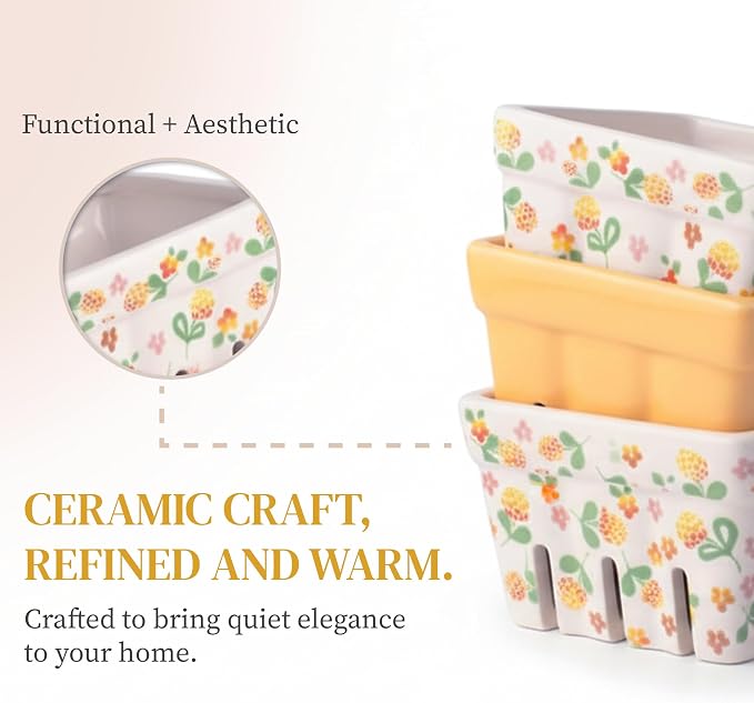 Ceramic Berry Basket Set of 4, Farmhouse Fruit Colanders | Yellow, white and floral designs, stoneware, dishwasher safe, drains and stores berries, farmhouse kitchen decor - Image 4