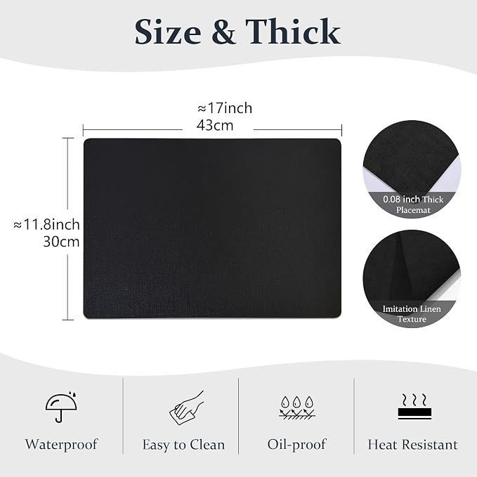 FROMHEART Faux Leather PU Placemats Set of 8 (Black,11.8" x 17") | Waterproof,Heat/Oil Stain-Resistant Table Mat–Reversible,Non-Slip,Easy to Clean Place Mats for Kitchen,Dining,Indoor/Outdoor - Image 3