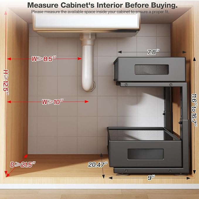 2 Packs 21IN Depth Under Sink Organizer, 2-Tier Pull Out Cabinet Organizer With Smooth Circular Rail, Large Capacity Metal Mesh Sliding Drawers For Bathroom& Kitchen Storage,Height Adjustable-Black - Image 2