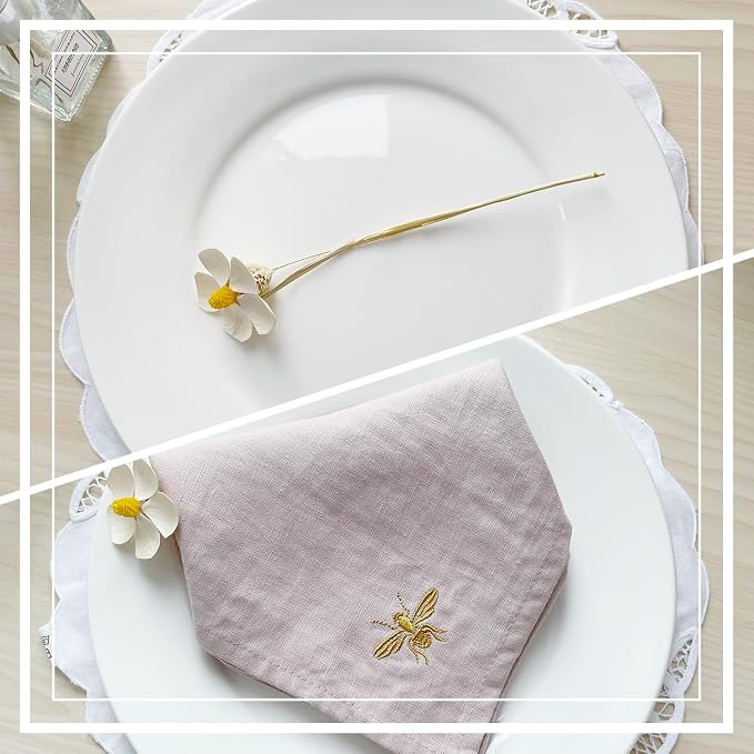 DerF HOME Embroidered Linen Napkins Set of 4, Light Pink 18x18 Inch | 100% Pure Linen Cloth Dinner Napkins with Elegant Embroidery, Reusable Washable Table Napkins for Wedding, Party & Home Decor - Image 6