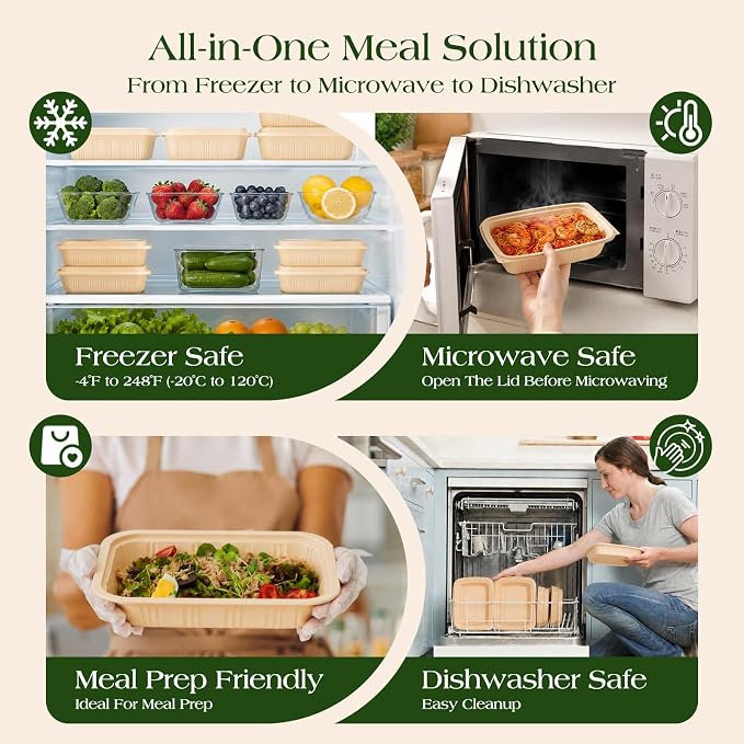100 Piece (50 Pack) Meal Prep Containers with Lids, 28 oz Cornstarch Food Storage Containers Plant-based Lunch Box for Salad,BPA Free Plastic Take Out Containers Microwave and Freezer Safe - Image 7