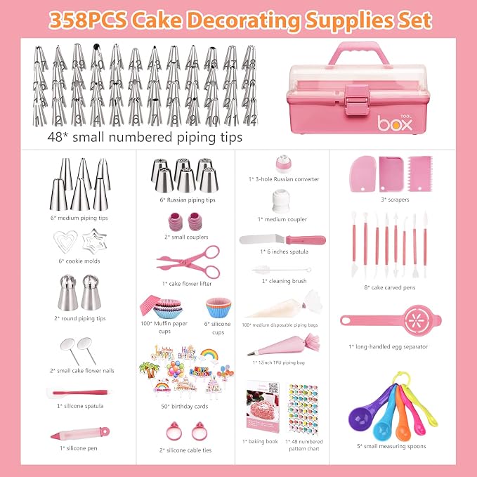 Cake Decorating Supplies Tools Kit: 358pcs Baking Accessories with Storage Case - Piping Bags and Icing Tips Set - Cupcake Cookie Frosting Fondant Bakery Set for Adults Beginners or Professional, Pink - Image 2