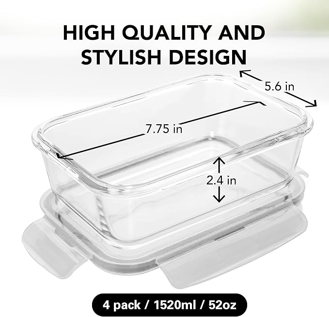 Razab 8 Cups / 63 Oz 4 PC + 6.5 Cups / 52 Oz 4 PC Large Glass Food Storage Containers with Lids - Glass Meal Prep Containers BPA Free Oven & Microwave Safe - Image 3