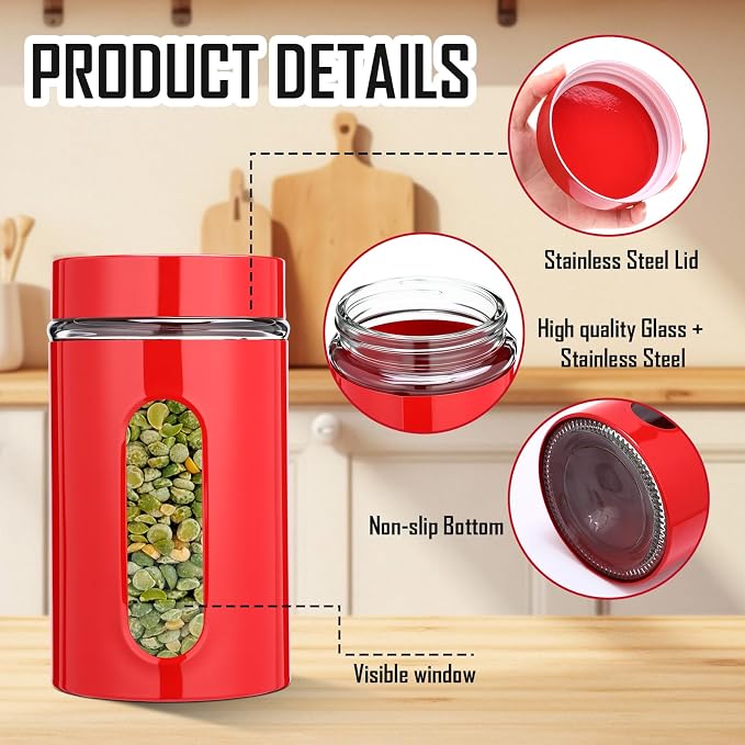 Patelai 6 Pack Kitchen Canisters Set 20 oz Airtight Stainless Steel Canister Food Storage Container with Window Glass, Coffee Sugar Candy Jars Tea Organizer for Flour Cookies Spice (Red,32 oz) - Image 4